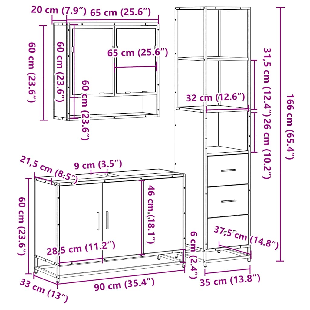 3-tlg. Badmöbel-Set Schwarz Holzwerkstoff