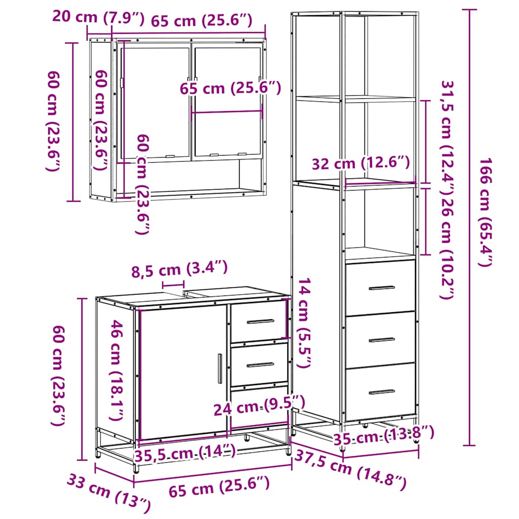 3-tlg. Badmöbel-Set Braun Eichen-Optik Holzwerkstoff