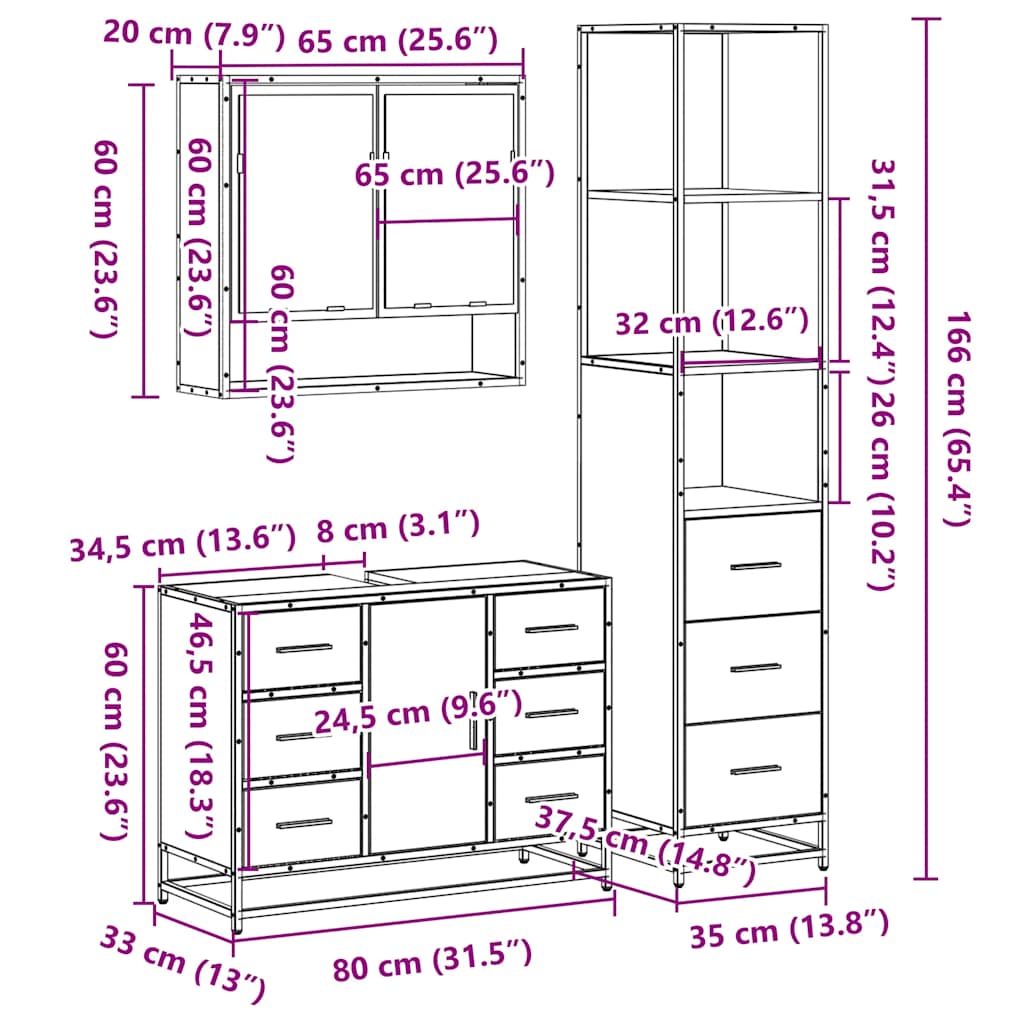 3-tlg. Badmöbel-Set Sonoma-Eiche Holzwerkstoff