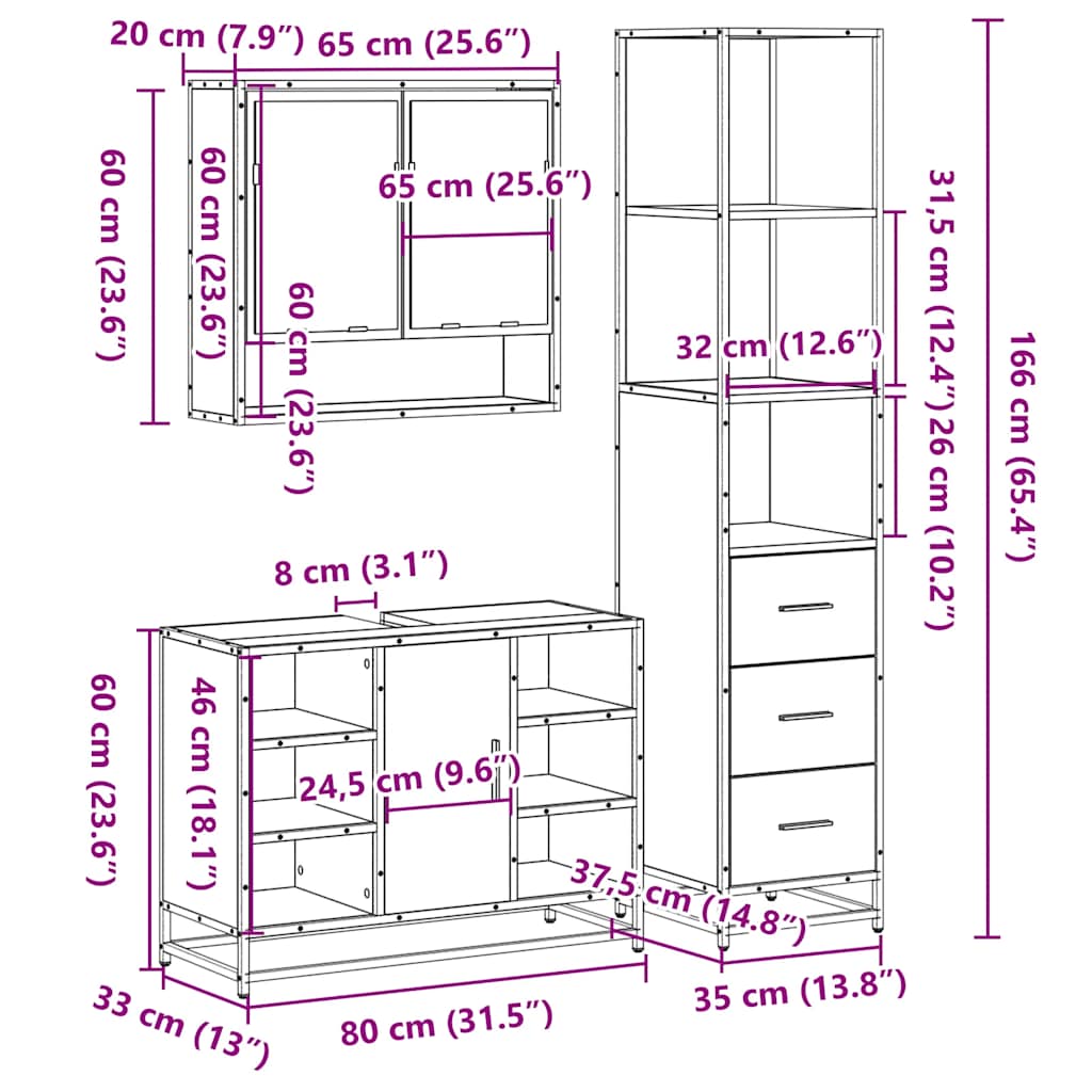 3-tlg. Badmöbel-Set Grau Sonoma Holzwerkstoff