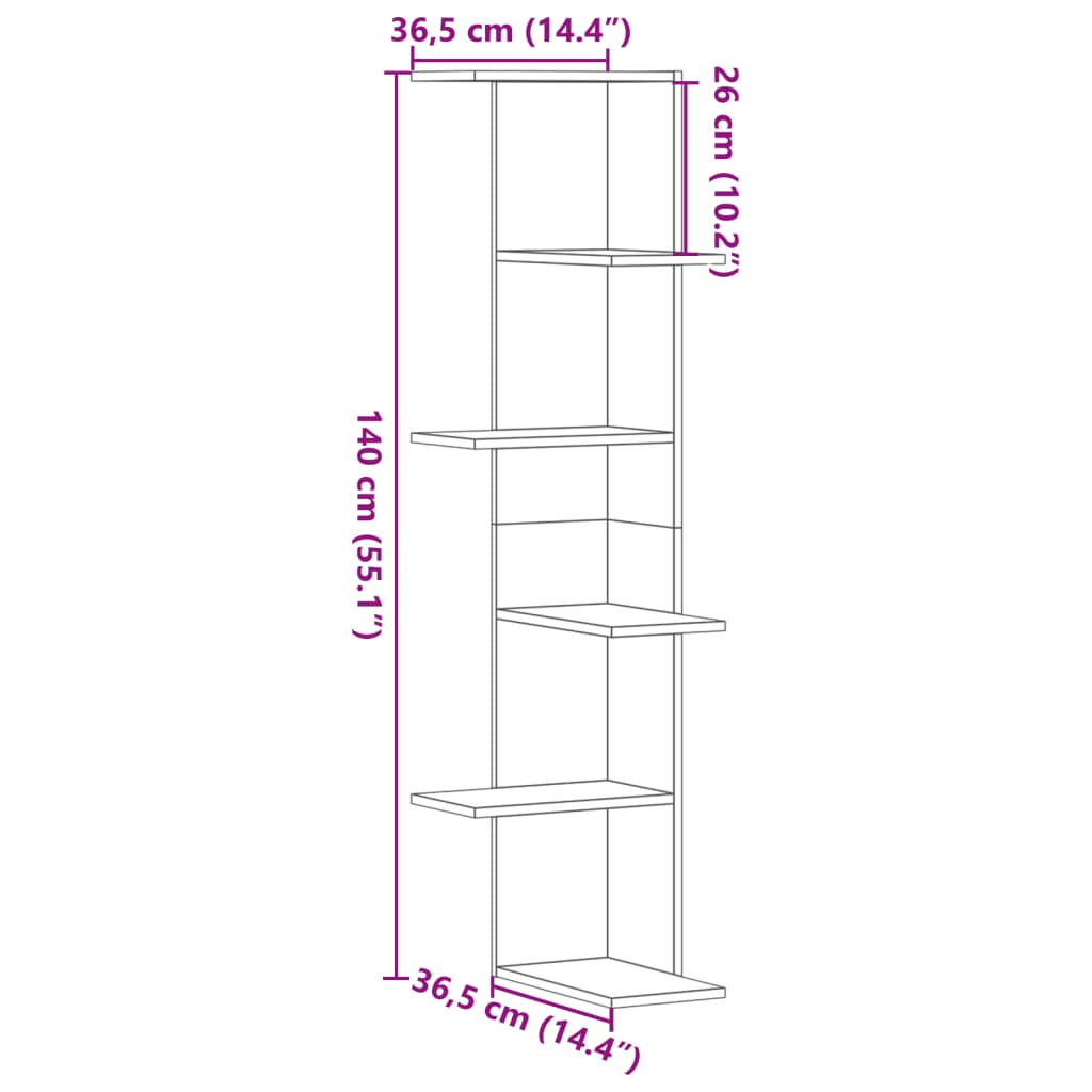 Wand-Eckregal Schwarz 36,5x36,5x140 cm Holzwerkstoff