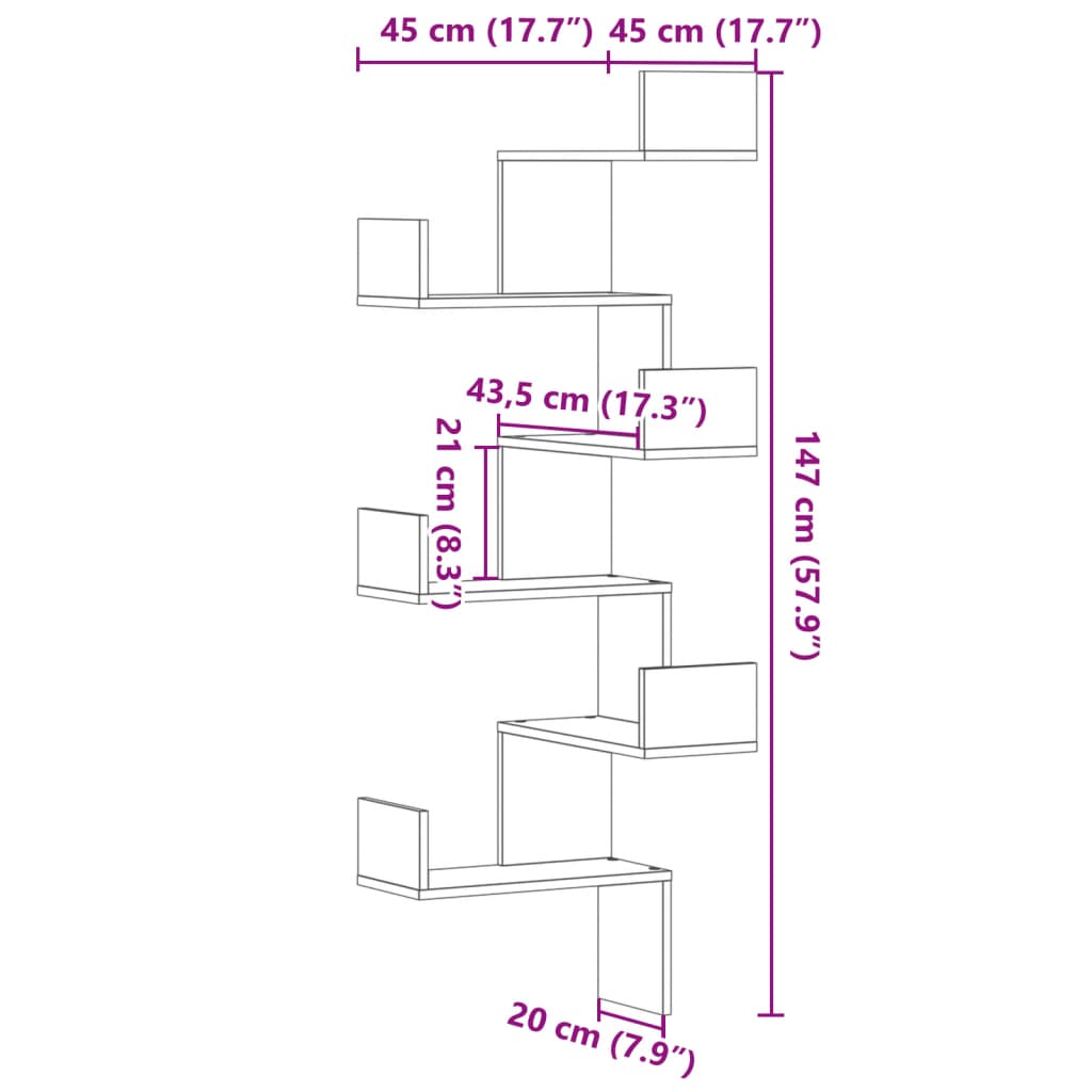 Wand-Eckregal Grau Sonoma 45x45x147 cm Holzwerkstoff