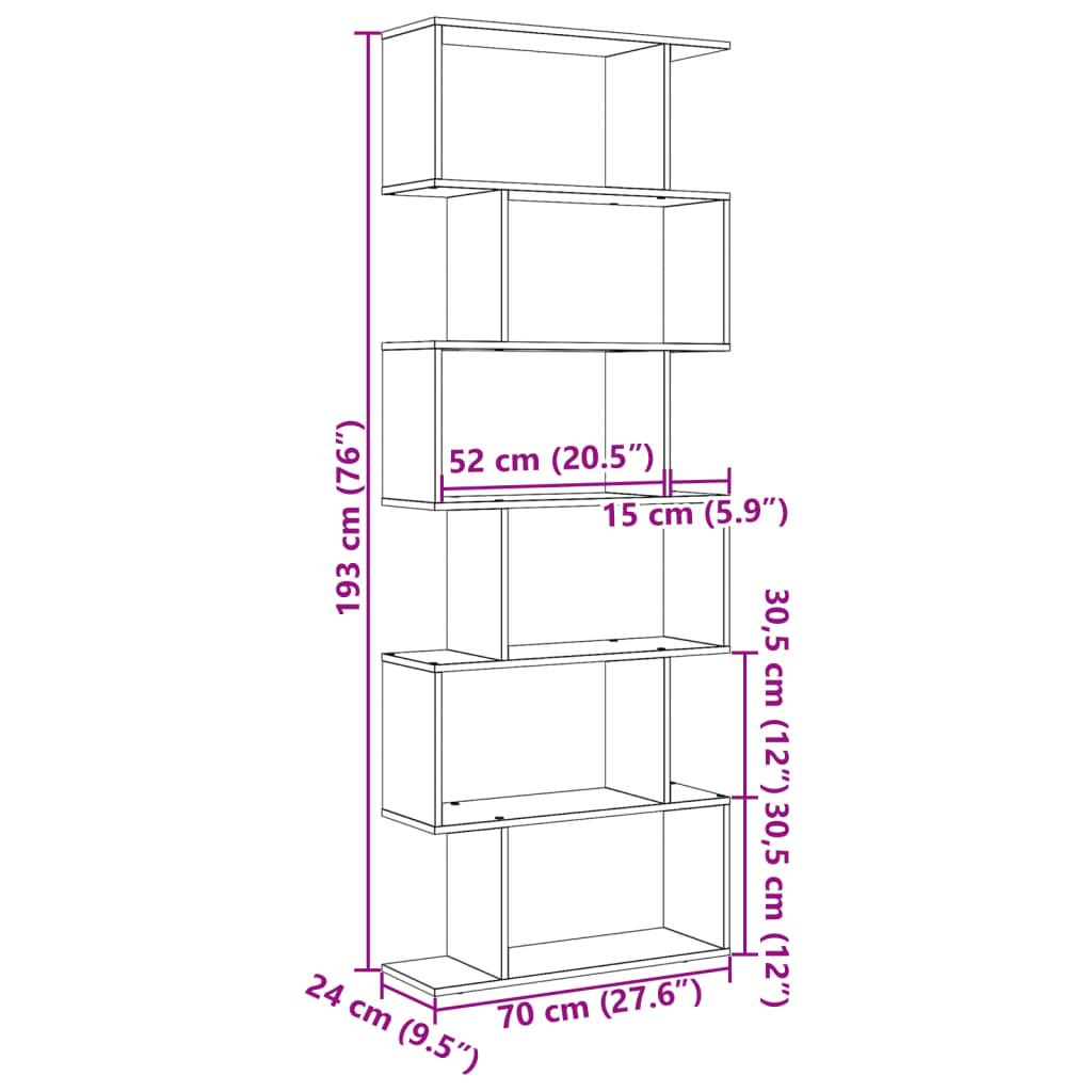 Raumteiler-Bücherregal 6 Etagen Grau Sonoma 70x24x193 cm