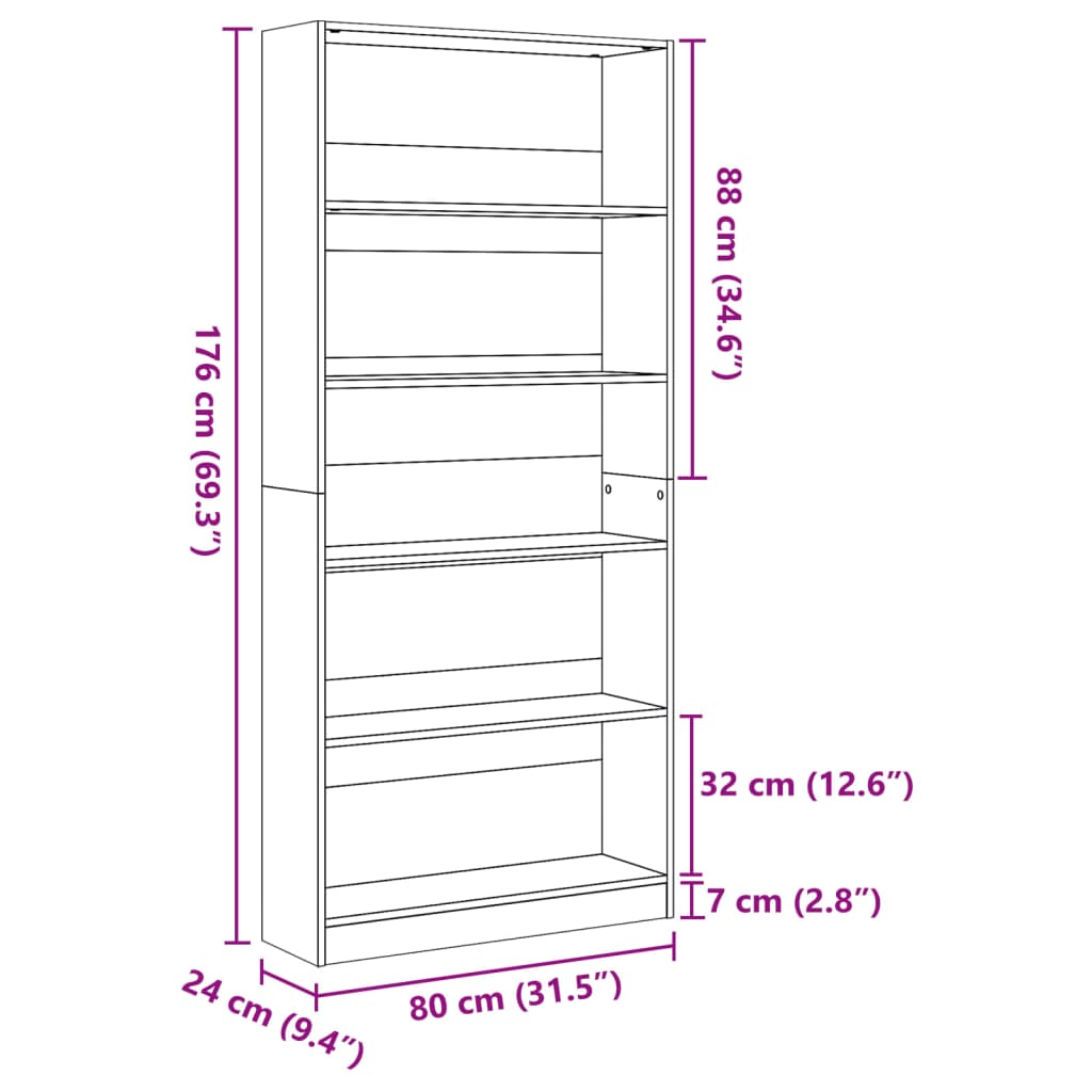 Bücherregal Schwarz 80x24x176 cm Holzwerkstoff