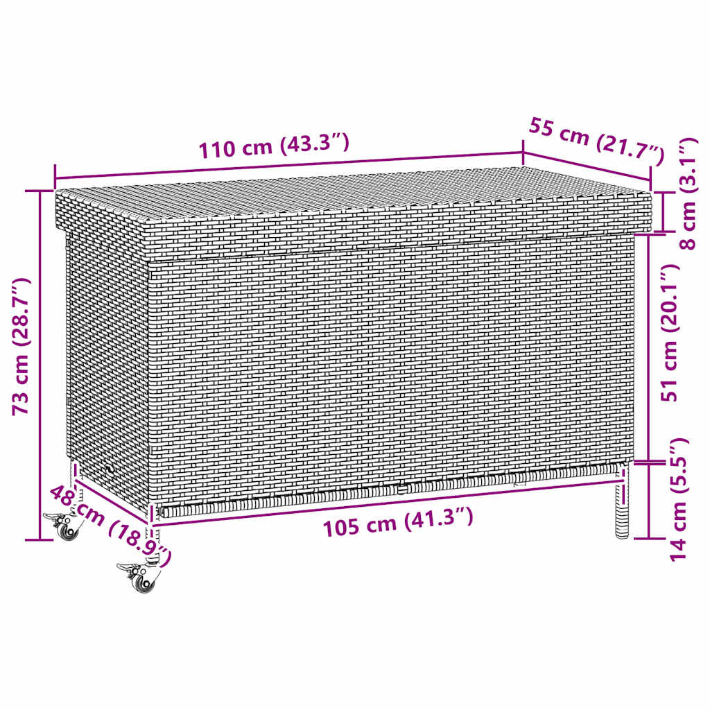 Gartentruhe mit Rollen Grau 110x55x73 cm Poly Rattan