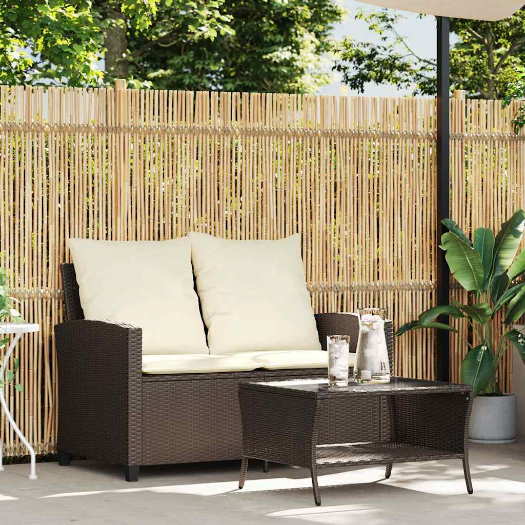 Gartensofa 2-Sitzer mit Kissen & Tisch Braun Poly Rattan