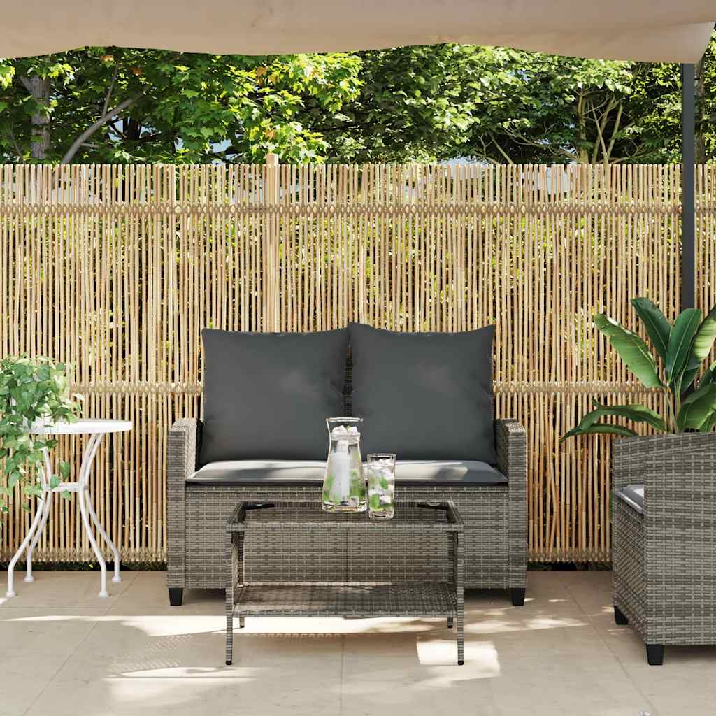 Gartensofa 2-Sitzer mit Kissen & Tisch Grau Poly Rattan