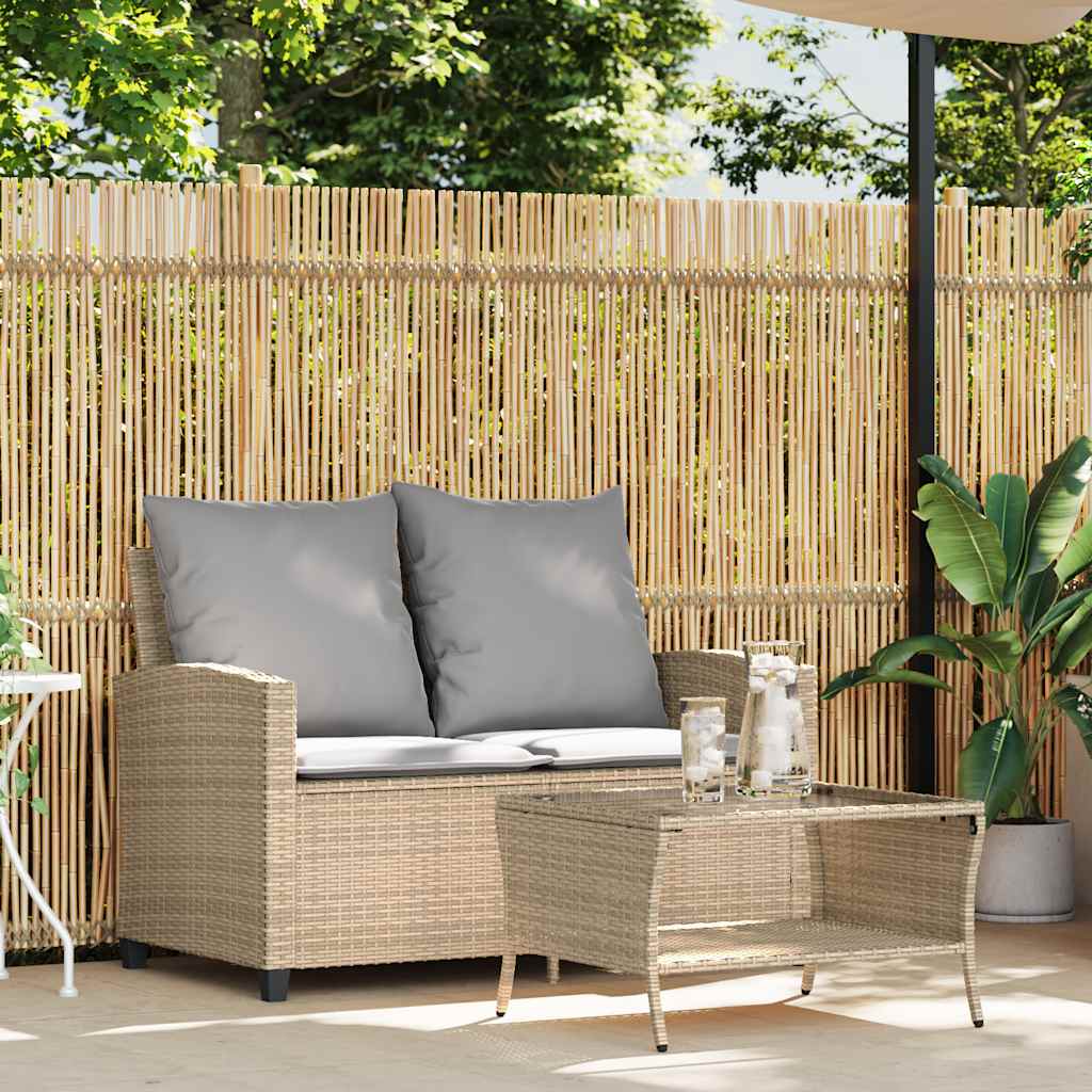 Gartensofa 2-Sitzer mit Kissen & Tisch Beige Poly Rattan