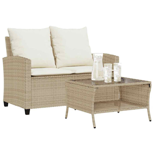 Gartensofa 2-Sitzer mit Kissen & Tisch Beige Poly Rattan