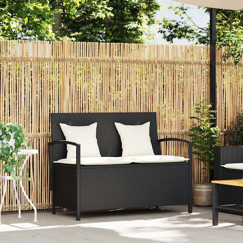 Gartenbank mit Stauraum und Kissen Schwarz Poly Rattan