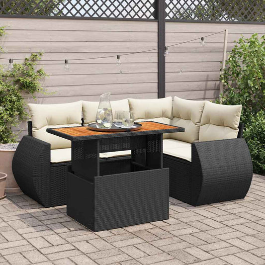 5-tlg. Garten-Sofagarnitur mit Kissen Schwarz Poly Rattan