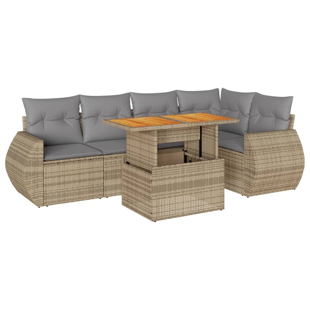 6-tlg. Garten-Sofagarnitur mit Kissen Beige Poly Rattan