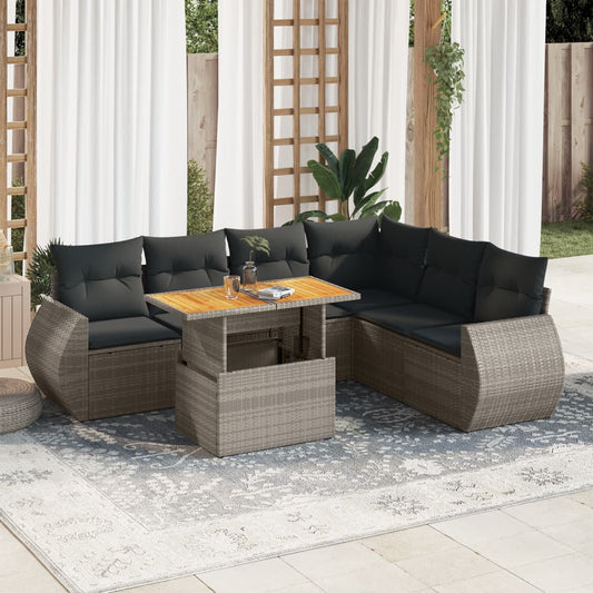 7-tlg. Garten-Sofagarnitur mit Kissen Grau Poly Rattan