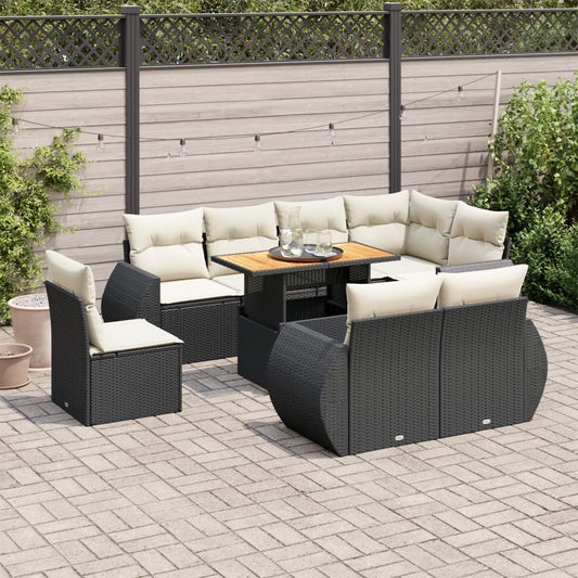 9-tlg. Garten-Sofagarnitur mit Kissen Schwarz Poly Rattan