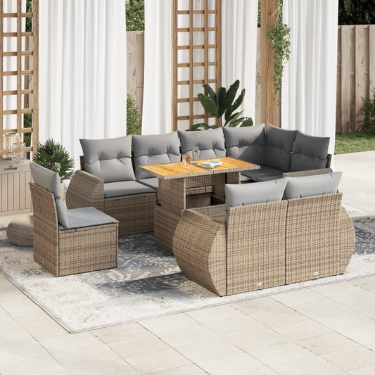 9-tlg. Garten-Sofagarnitur mit Kissen Beige Poly Rattan