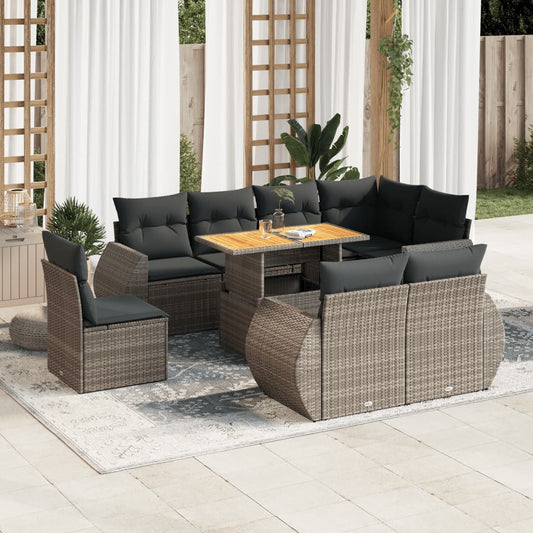 9-tlg. Garten-Sofagarnitur mit Kissen Grau Poly Rattan