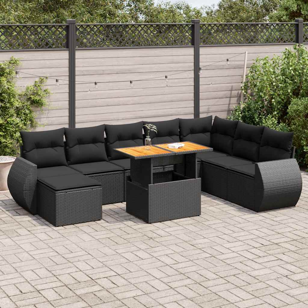 9-tlg. Garten-Sofagarnitur mit Kissen Schwarz Poly Rattan