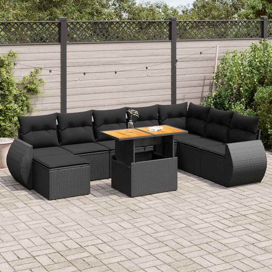 9-tlg. Garten-Sofagarnitur mit Kissen Schwarz Poly Rattan