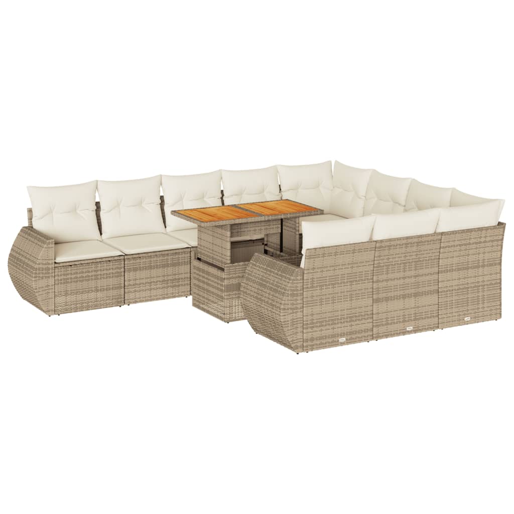 11-tlg. Garten-Sofagarnitur mit Kissen Beige Poly Rattan