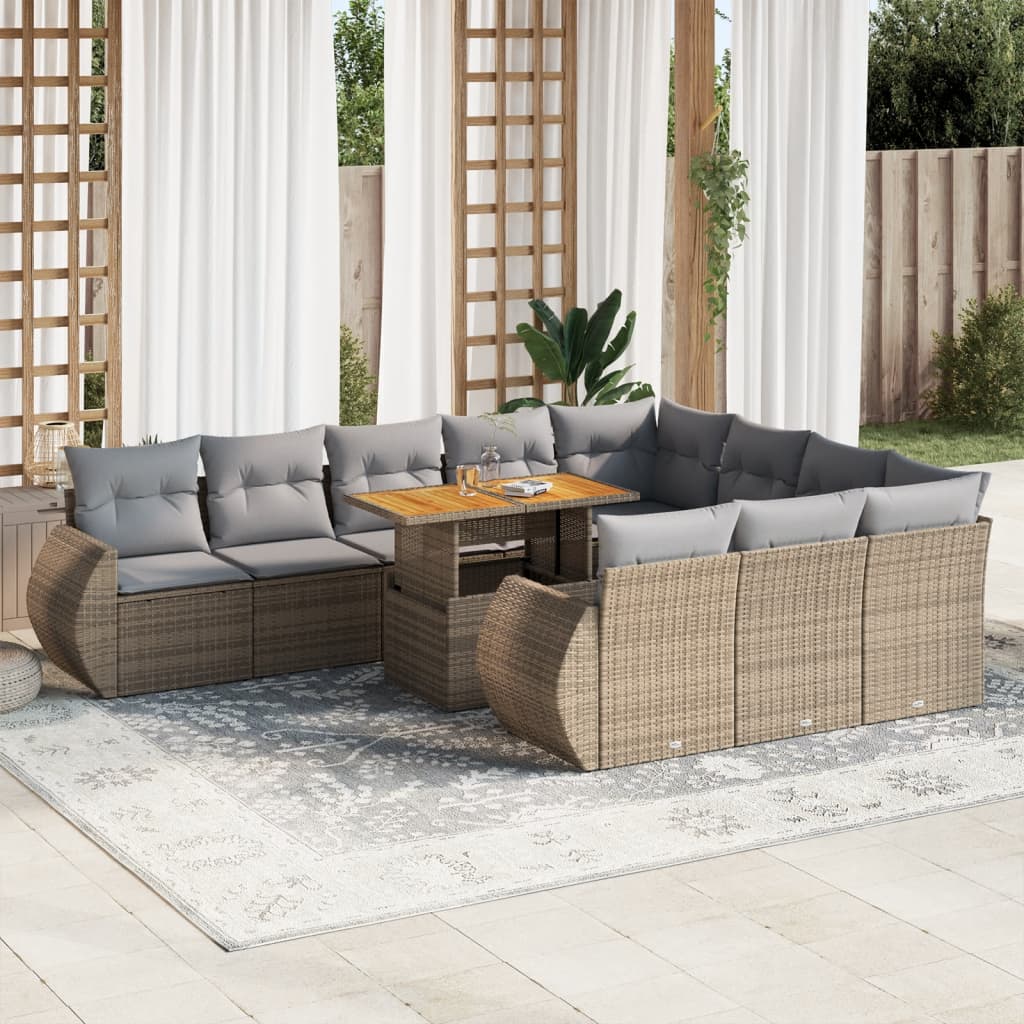 11-tlg. Garten-Sofagarnitur mit Kissen Beige Poly Rattan