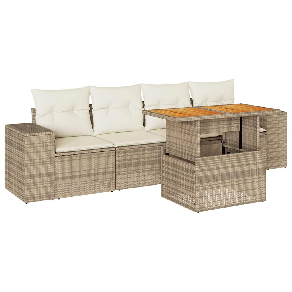 5-tlg. Garten-Sofagarnitur mit Kissen Beige Poly Rattan