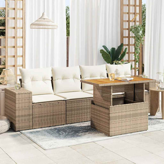 5-tlg. Garten-Sofagarnitur mit Kissen Beige Poly Rattan