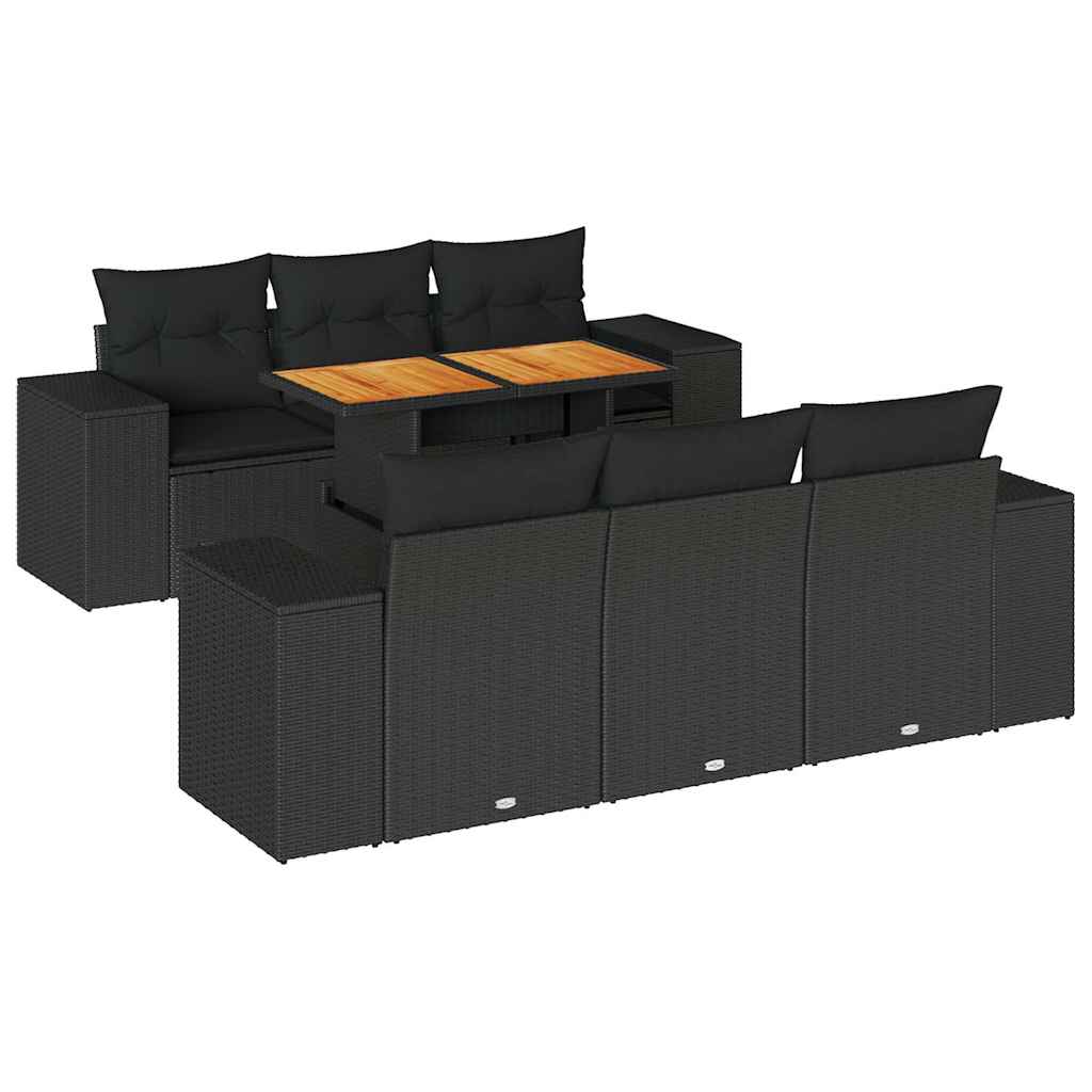 7-tlg. Garten-Sofagarnitur mit Kissen Schwarz Poly Rattan