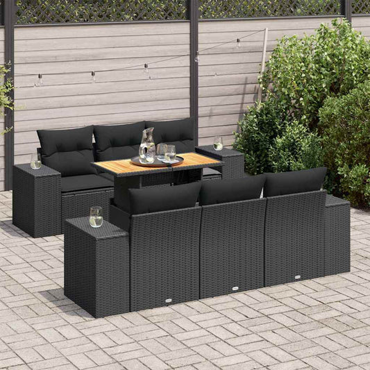 7-tlg. Garten-Sofagarnitur mit Kissen Schwarz Poly Rattan