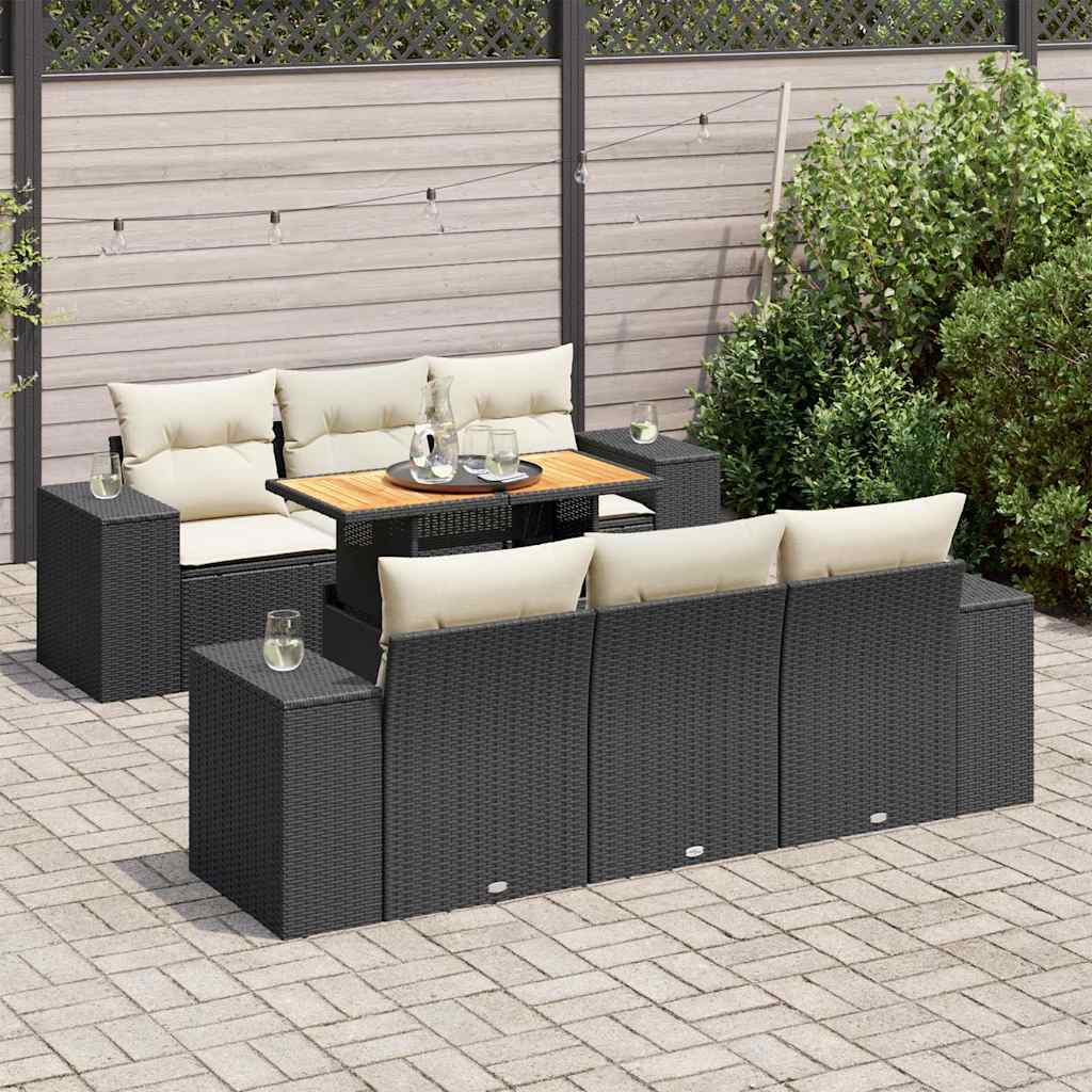 7-tlg. Garten-Sofagarnitur mit Kissen Schwarz Poly Rattan