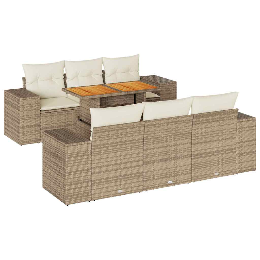 7-tlg. Garten-Sofagarnitur mit Kissen Beige Poly Rattan