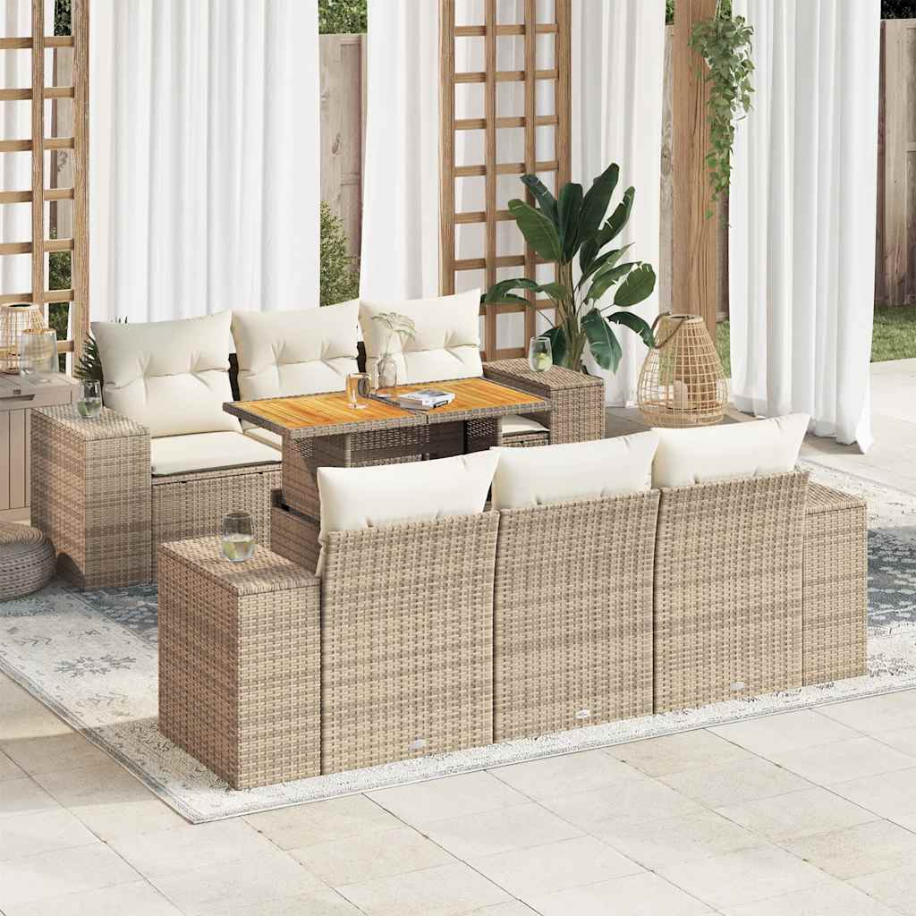 7-tlg. Garten-Sofagarnitur mit Kissen Beige Poly Rattan