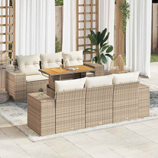 7-tlg. Garten-Sofagarnitur mit Kissen Beige Poly Rattan