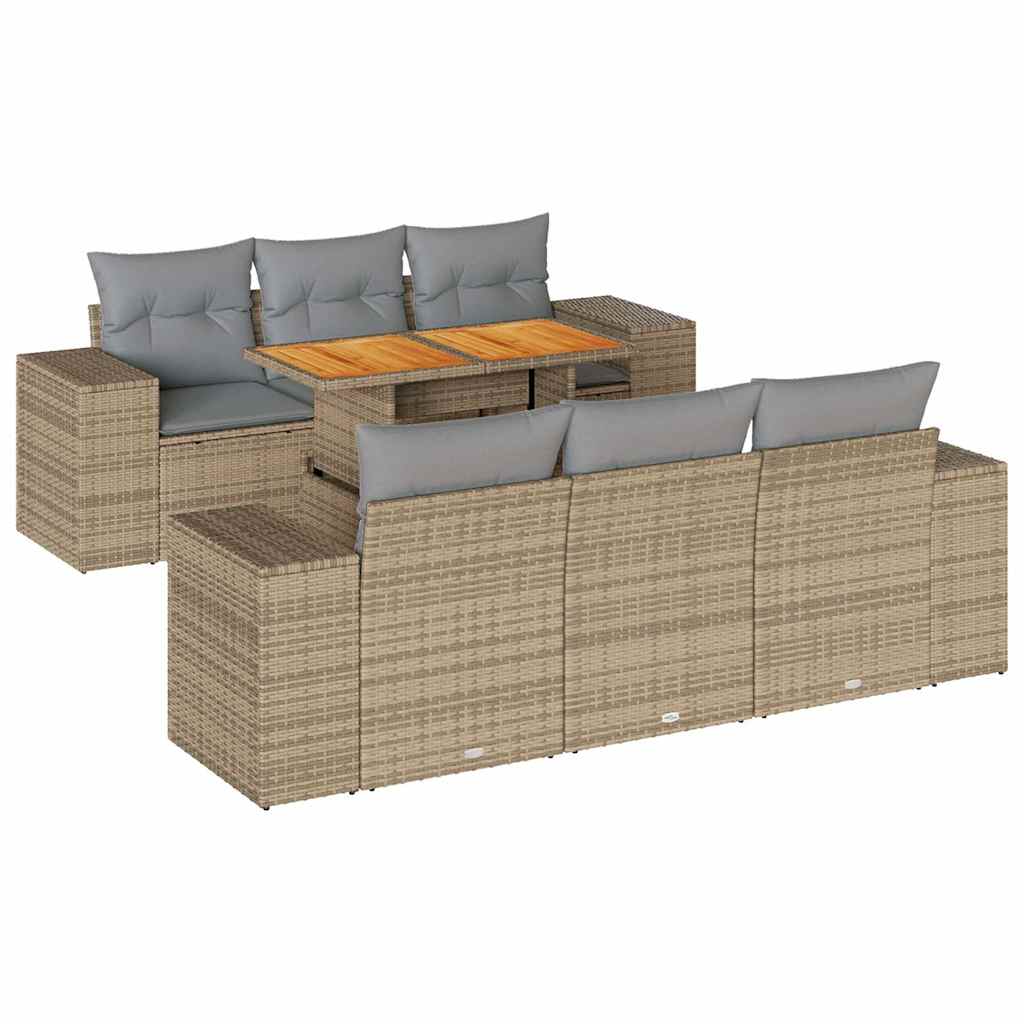 7-tlg. Garten-Sofagarnitur mit Kissen Beige Poly Rattan