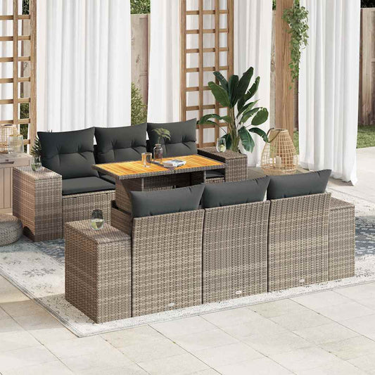 7-tlg. Garten-Sofagarnitur mit Kissen Grau Poly Rattan