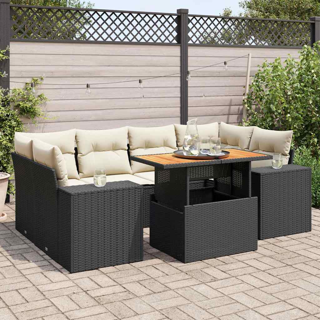 7-tlg. Garten-Sofagarnitur mit Kissen Schwarz Poly Rattan