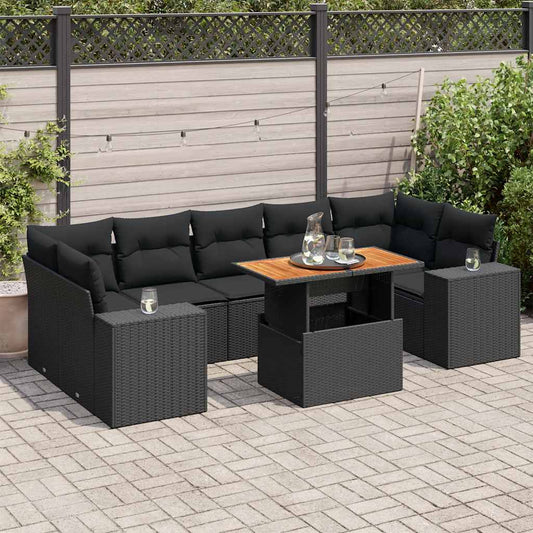 8-tlg. Garten-Sofagarnitur mit Kissen Schwarz Poly Rattan