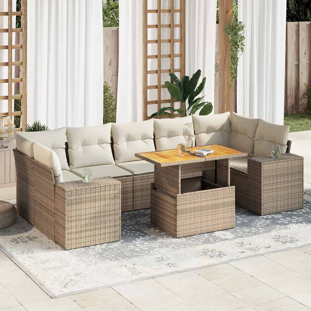 8-tlg. Garten-Sofagarnitur mit Kissen Beige Poly Rattan