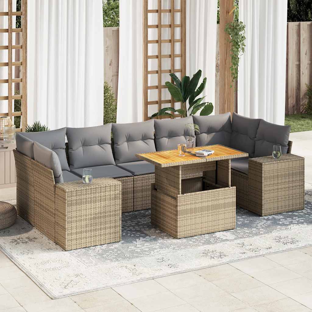 8-tlg. Garten-Sofagarnitur mit Kissen Beige Poly Rattan