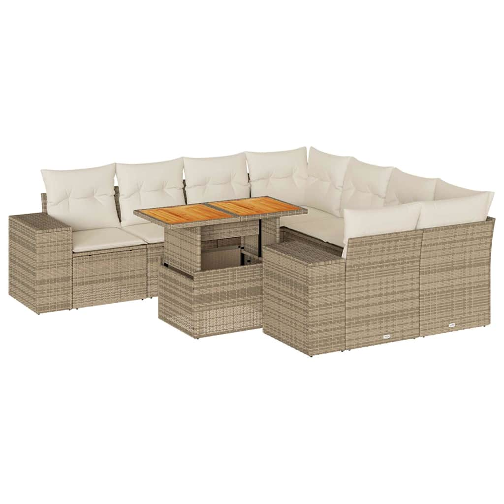 9-tlg. Garten-Sofagarnitur mit Kissen Beige Poly Rattan