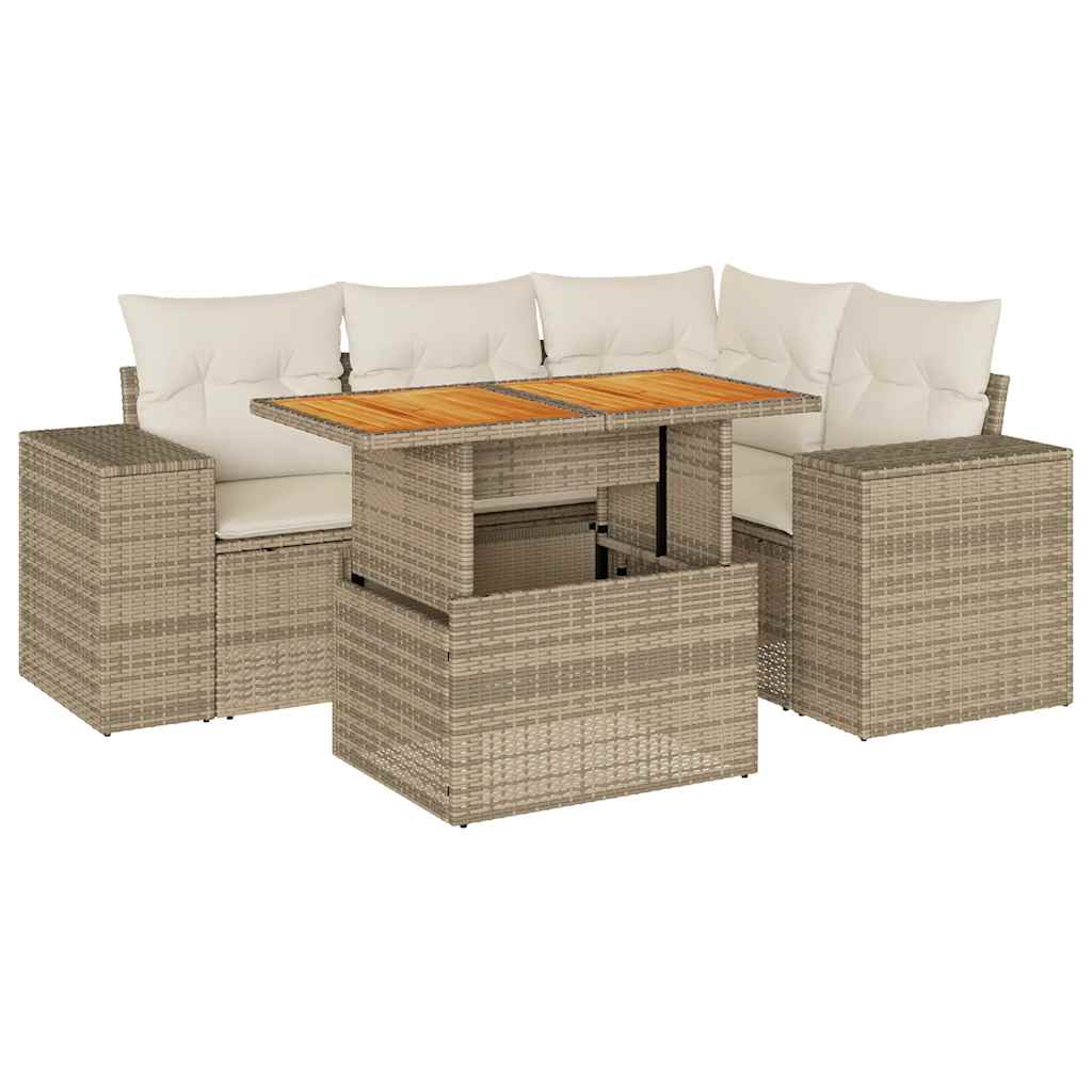 5-tlg. Garten-Sofagarnitur mit Kissen Beige Poly Rattan