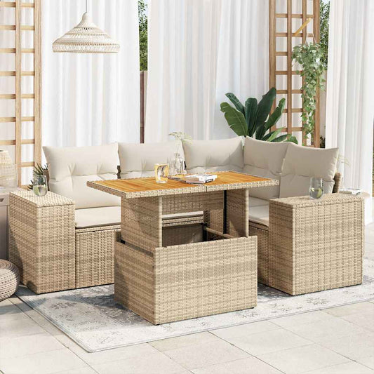 5-tlg. Garten-Sofagarnitur mit Kissen Beige Poly Rattan