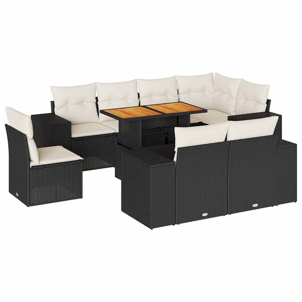 9-tlg. Garten-Sofagarnitur mit Kissen Schwarz Poly Rattan