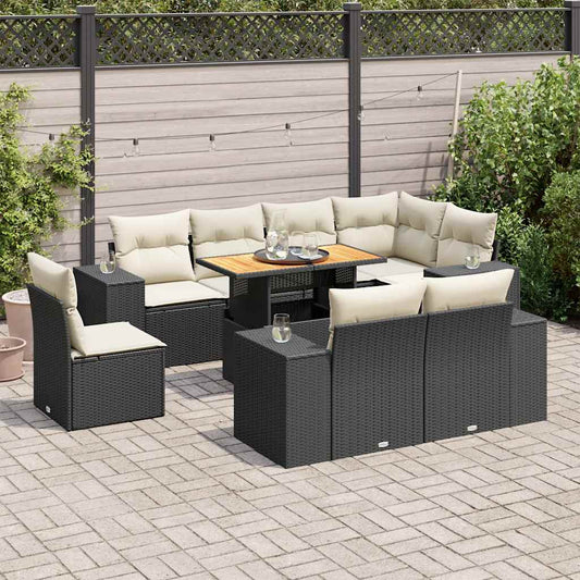 9-tlg. Garten-Sofagarnitur mit Kissen Schwarz Poly Rattan