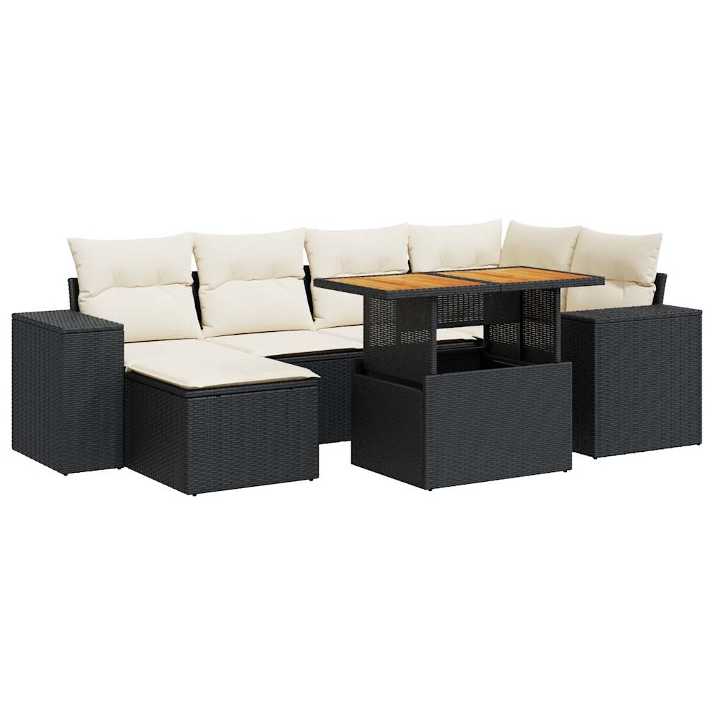 7-tlg. Garten-Sofagarnitur mit Kissen Schwarz Poly Rattan