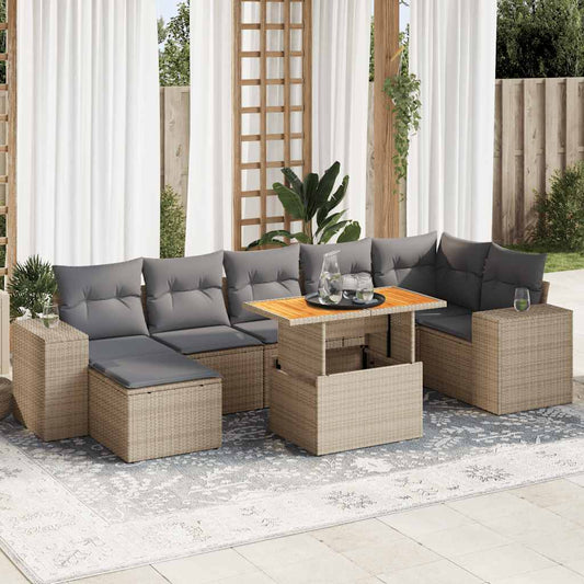 8-tlg. Garten-Sofagarnitur mit Kissen Beige Poly Rattan