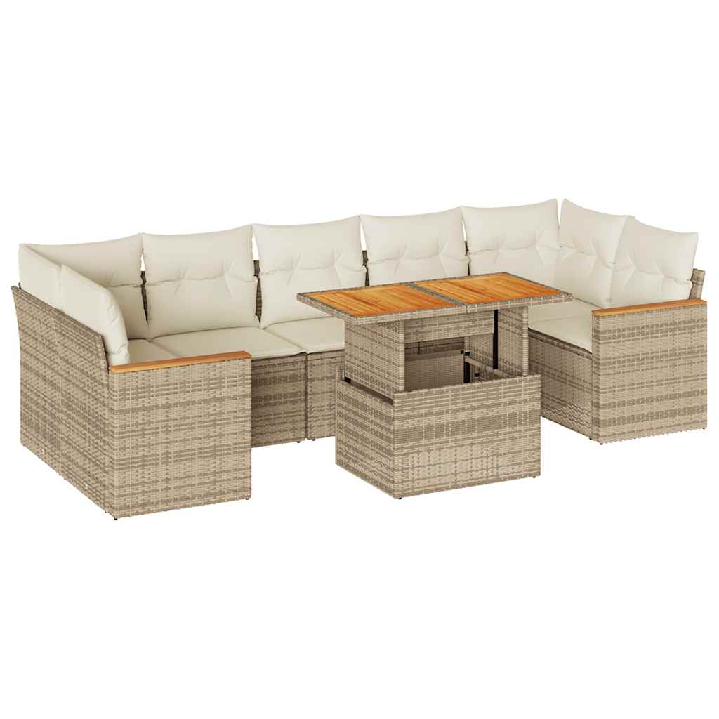 8-tlg. Garten-Sofagarnitur mit Kissen Beige Poly Rattan Akazie