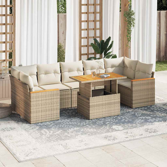 8-tlg. Garten-Sofagarnitur mit Kissen Beige Poly Rattan Akazie