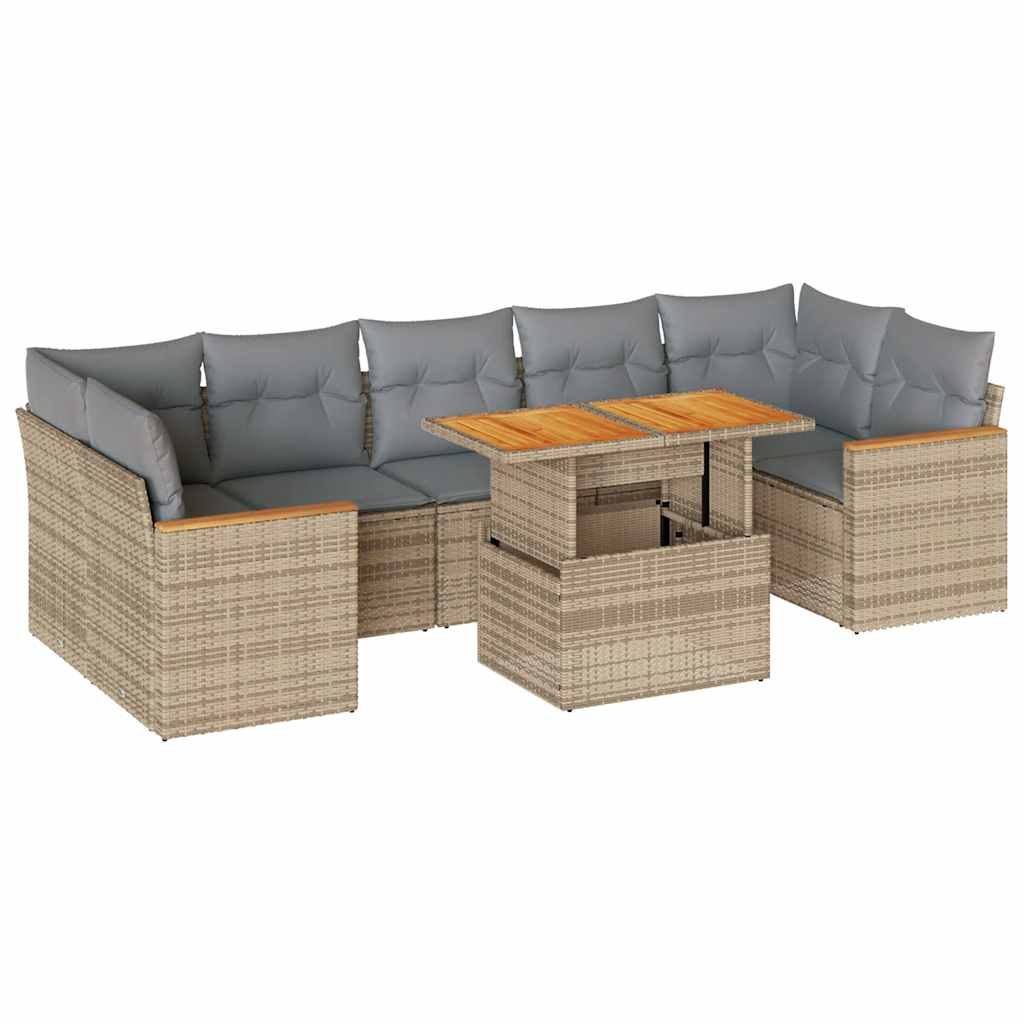 8-tlg. Garten-Sofagarnitur mit Kissen Beige Poly Rattan Akazie