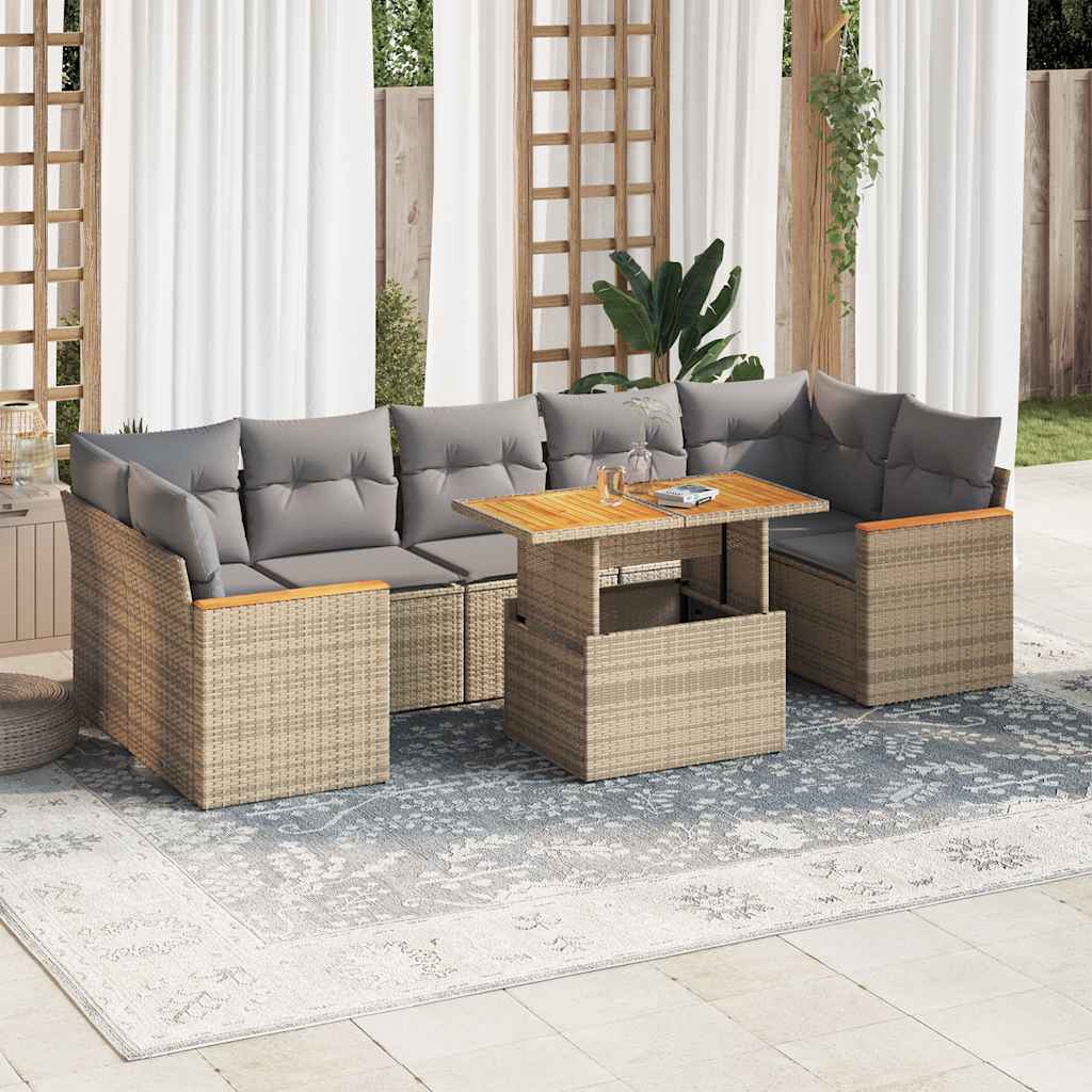 8-tlg. Garten-Sofagarnitur mit Kissen Beige Poly Rattan Akazie