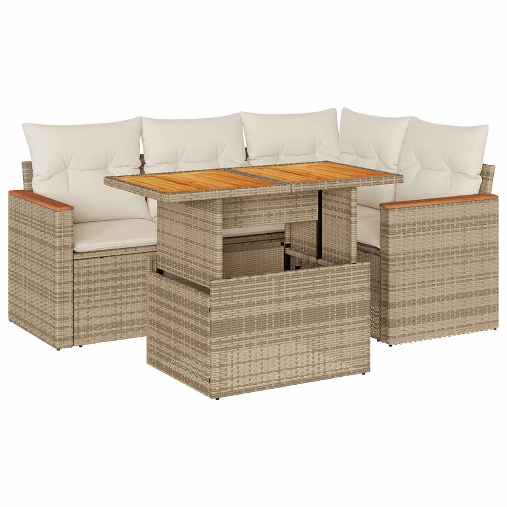 5-tlg. Garten-Sofagarnitur mit Kissen Beige Poly Rattan Akazie